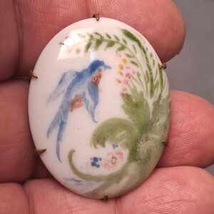 Antique Blue Bird Brooch Hand Painted Porcelain Pin